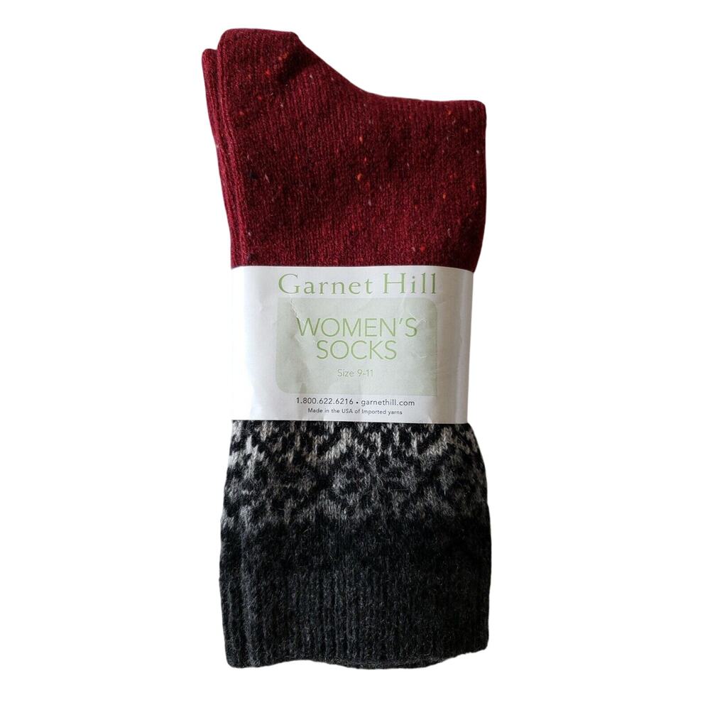 Garnet Hill 82% Cashmere Pattern Luxury Crew Socks Burgundy Black Annalise Med